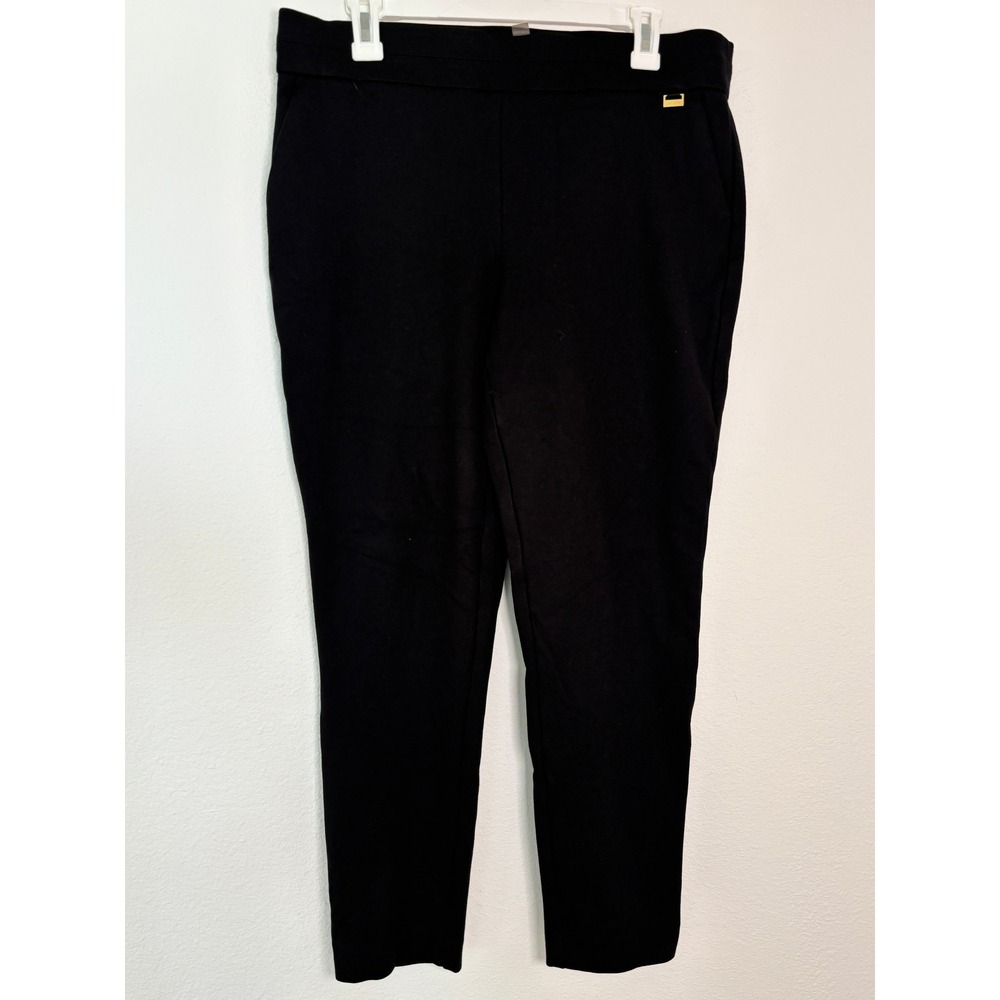 Anne Klein Black Pull On Tapered Dress Pants Gold Logo Detail Womens